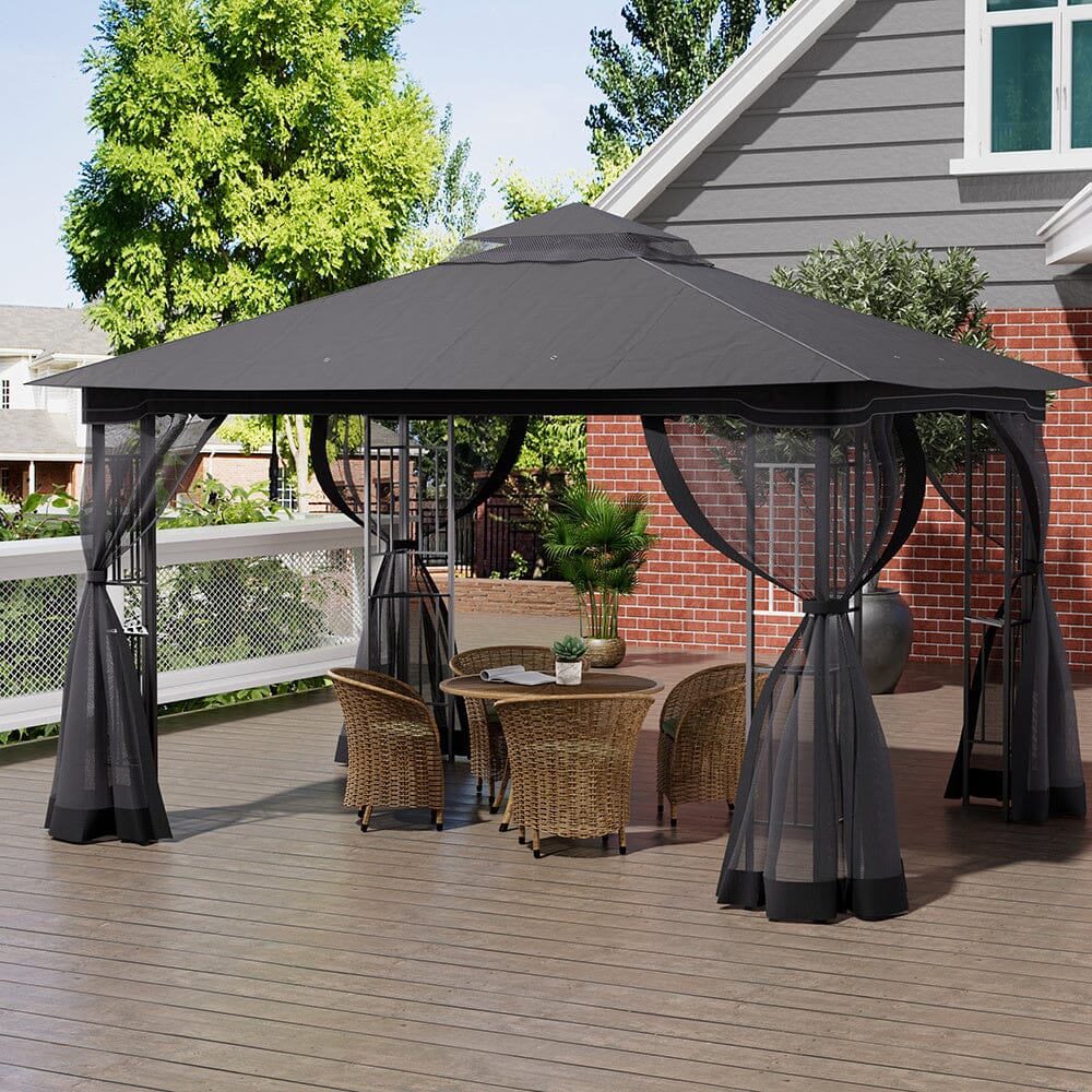 13ft Outdoor Pergola Premium Iron with Sheer Charcoal Gray Screens - House Comfort