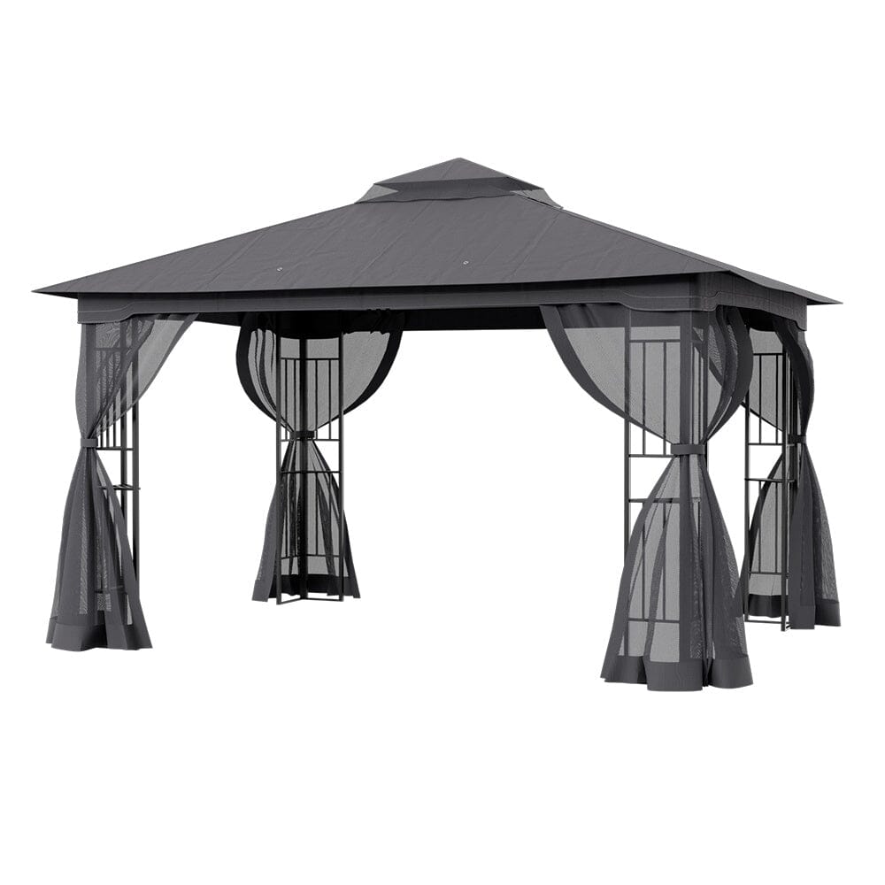 13ft Outdoor Pergola Premium Iron with Sheer Charcoal Gray Screens - House Comfort