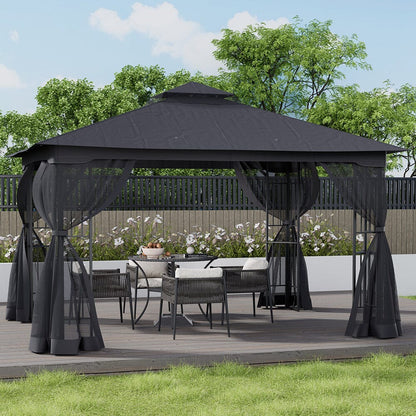13ft Outdoor Pergola Premium Iron with Sheer Charcoal Gray Screens - House Comfort