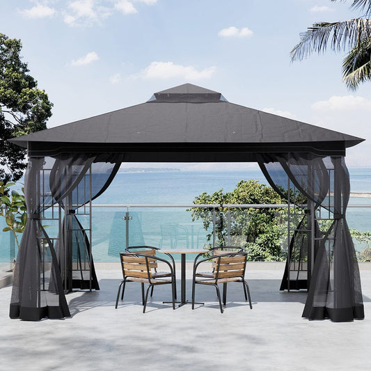 13ft Outdoor Pergola Premium Iron with Sheer Charcoal Gray Screens - House Comfort