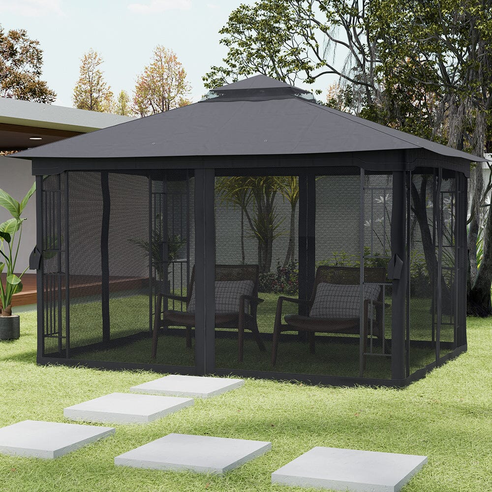 13ft Outdoor Pergola Premium Iron with Sheer Charcoal Gray Screens - House Comfort