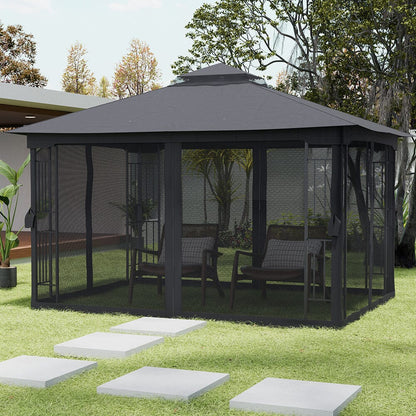 13ft Outdoor Pergola Premium Iron with Sheer Charcoal Gray Screens - House Comfort