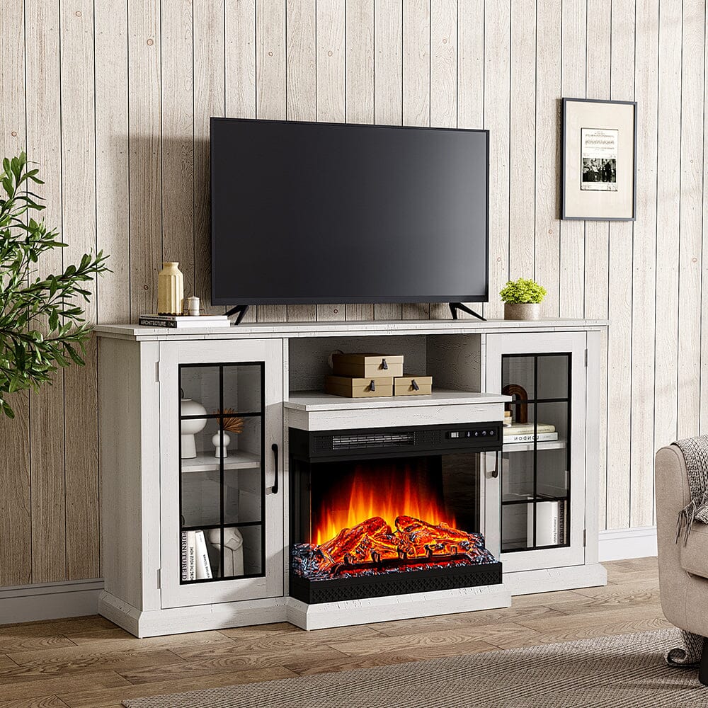 150CM W 3 - sided electric fireplace TV cabinet with glass doors enclosed storage cabinet 3 flame colours - House Comfort