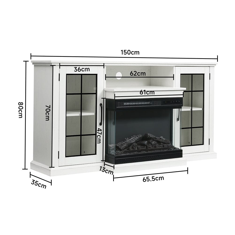 150CM W 3 - sided electric fireplace TV cabinet with glass doors enclosed storage cabinet 3 flame colours - House Comfort