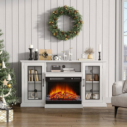 150CM W 3 - sided electric fireplace TV cabinet with glass doors enclosed storage cabinet 3 flame colours - House Comfort