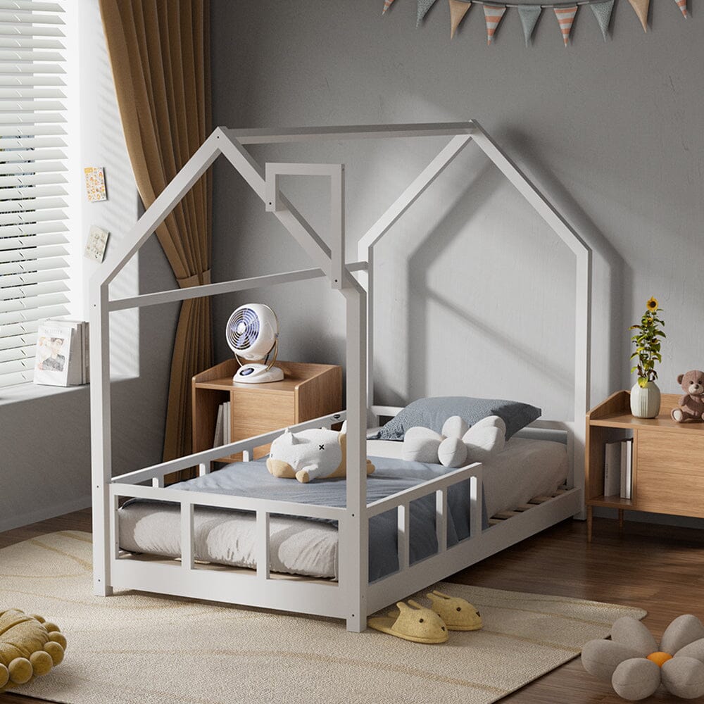 167cm W House Bed Frame Wood Toddler Bed with Safety Guard Fence - House Comfort