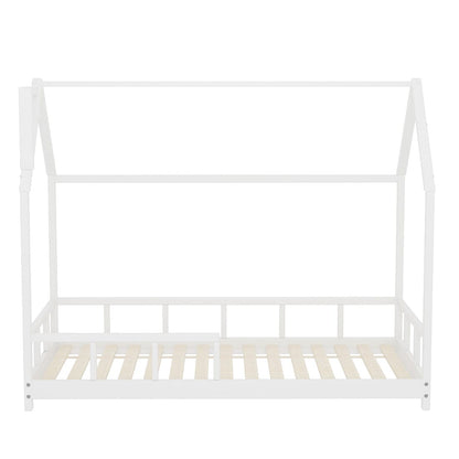 167cm W House Bed Frame Wood Toddler Bed with Safety Guard Fence - House Comfort