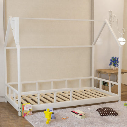 167cm W House Bed Frame Wood Toddler Bed with Safety Guard Fence - House Comfort