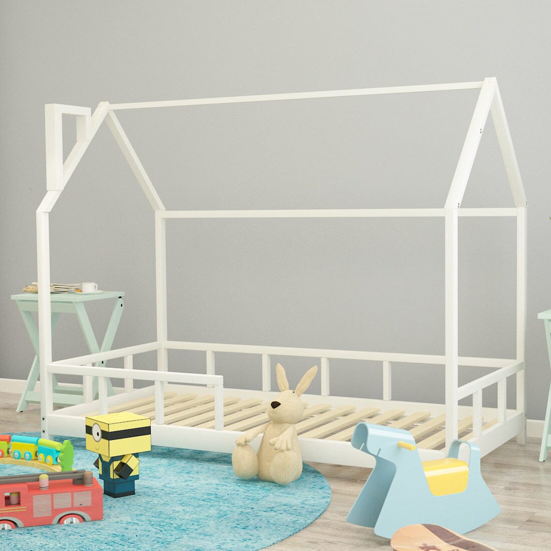 167cm W House Bed Frame Wood Toddler Bed with Safety Guard Fence - House Comfort