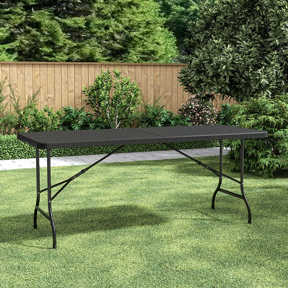 178cm L Folding Table Portable Outdoor Black Rattan Plastic Folding Table - House Comfort