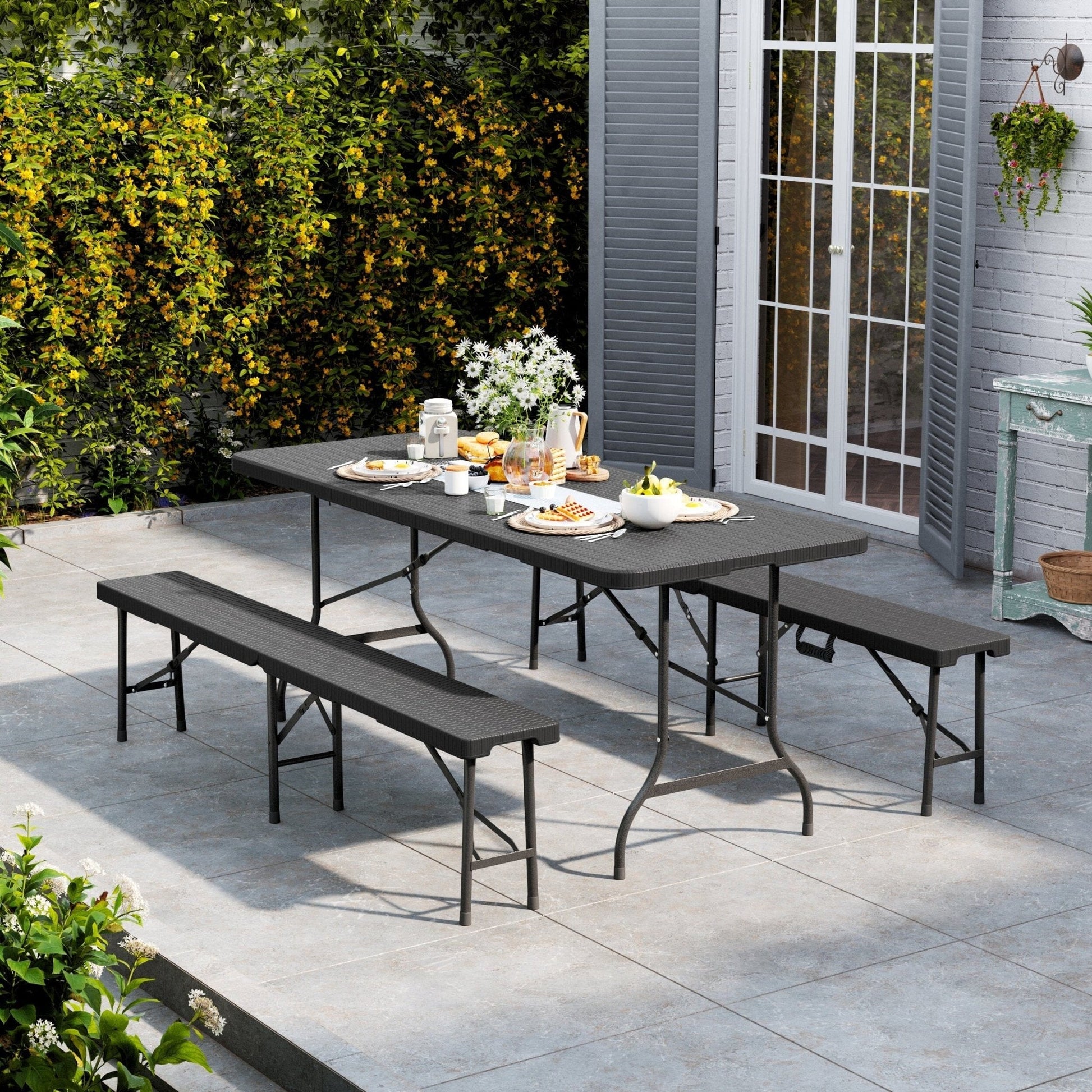178cm L Folding Table Portable Outdoor Black Rattan Plastic Folding Table - House Comfort