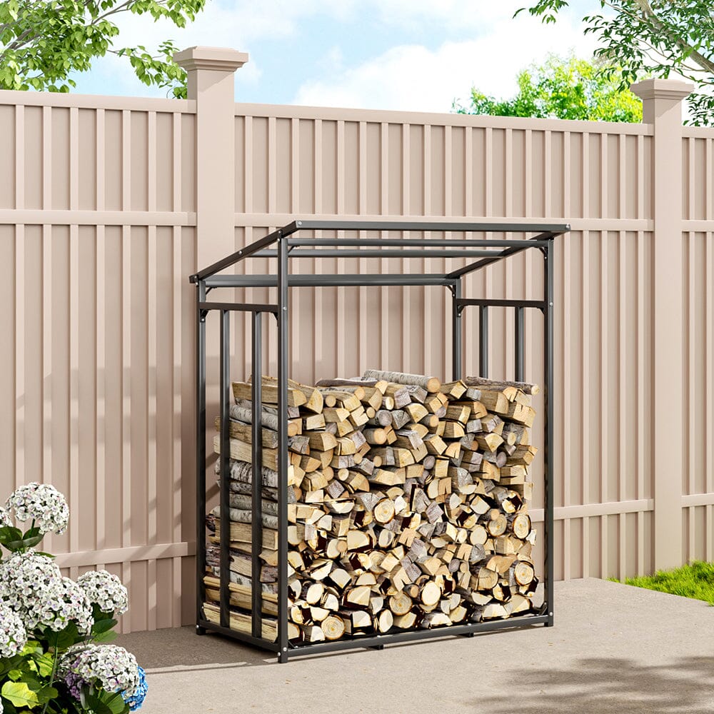 185cm W Garden Metal Tube Firewood Rack with Roof - House Comfort