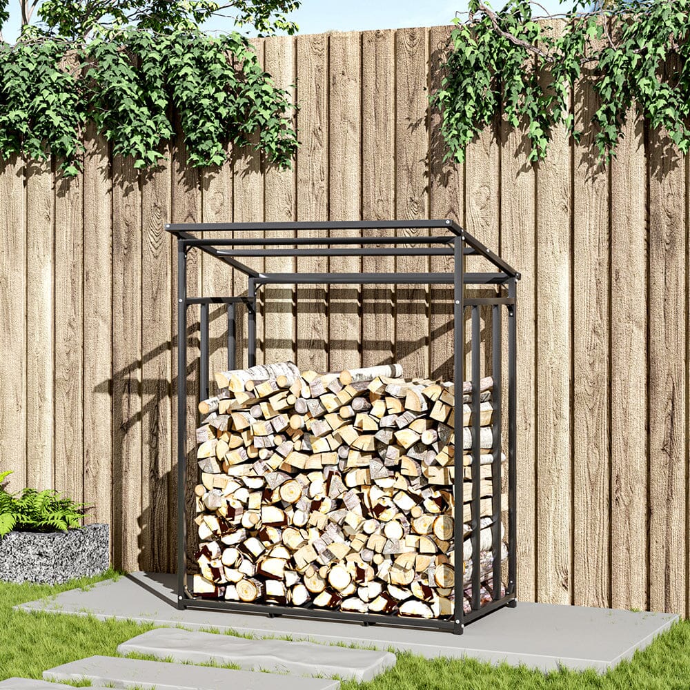 185cm W Garden Metal Tube Firewood Rack with Roof - House Comfort