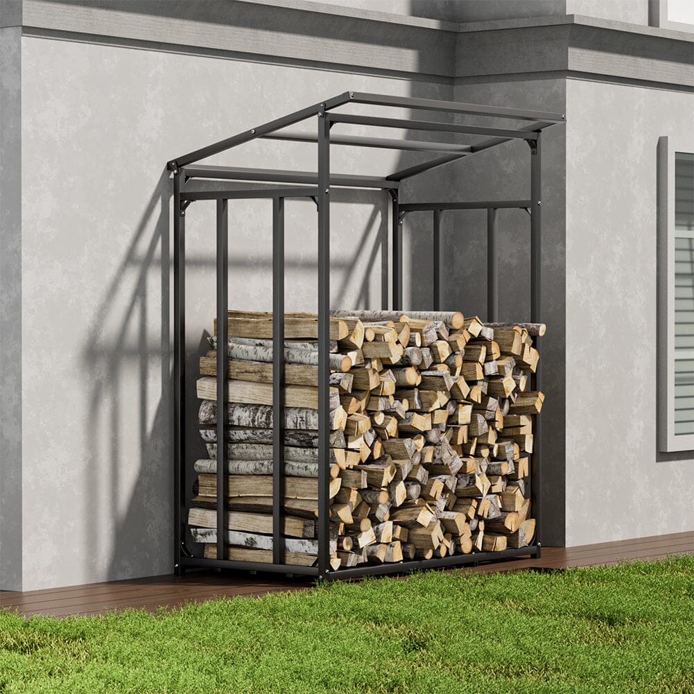 185cm W Garden Metal Tube Firewood Rack with Roof - House Comfort