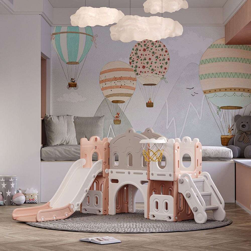 190 cm Wide Indoor Basketball Hoop Toddler Slide City Wall Kids Activity Playset - House Comfort