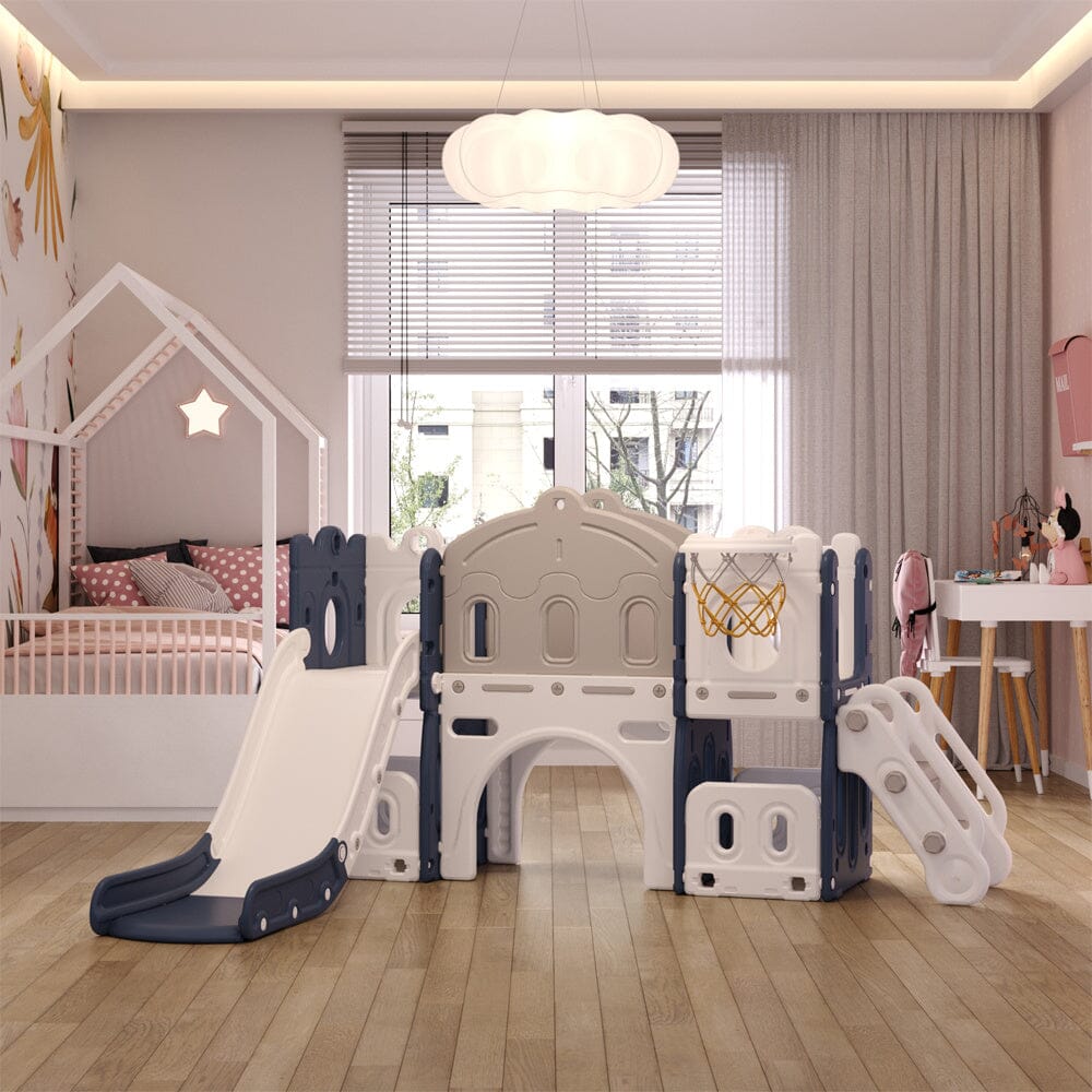 190 cm Wide Indoor Basketball Hoop Toddler Slide City Wall Kids Activity Playset - House Comfort