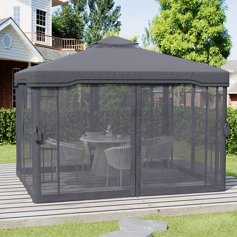 19ft Pergola Premium Iron with Retractable Canopy and Mesh Screens - House Comfort