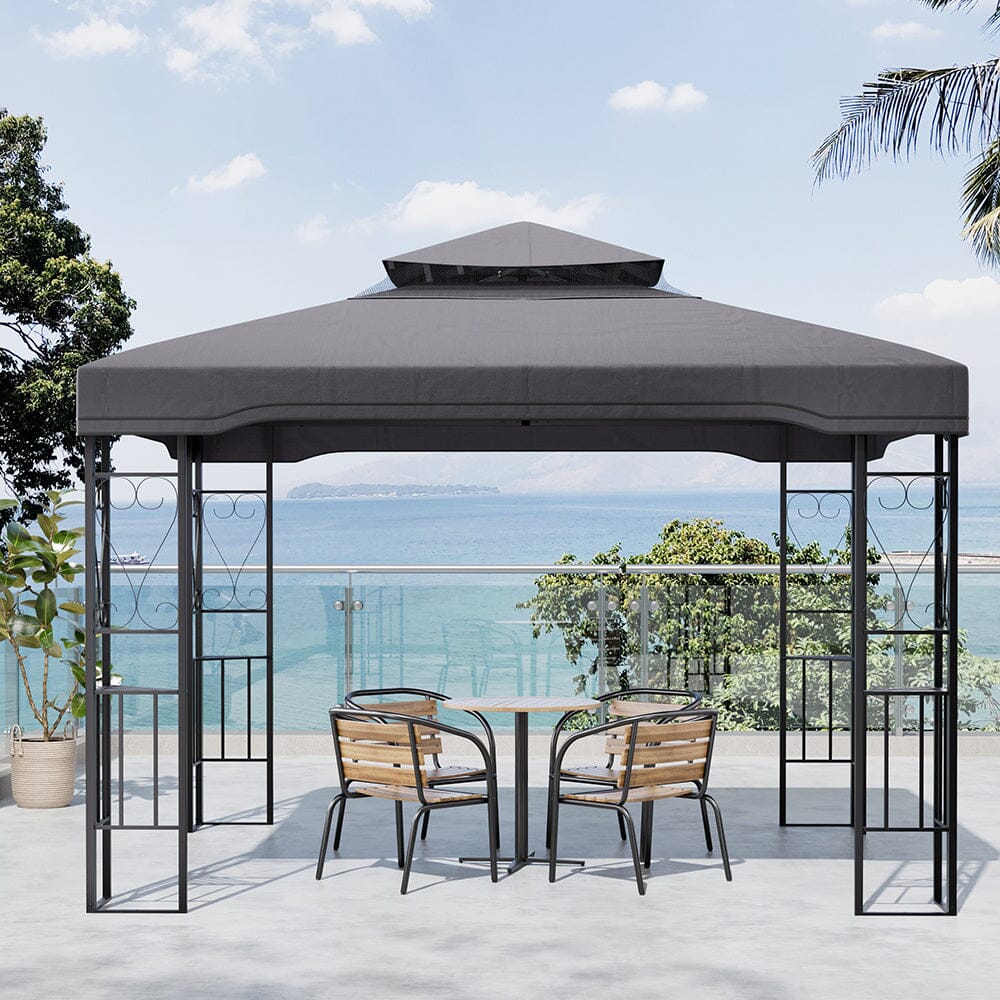 19ft Pergola Premium Iron with Retractable Canopy and Mesh Screens - House Comfort