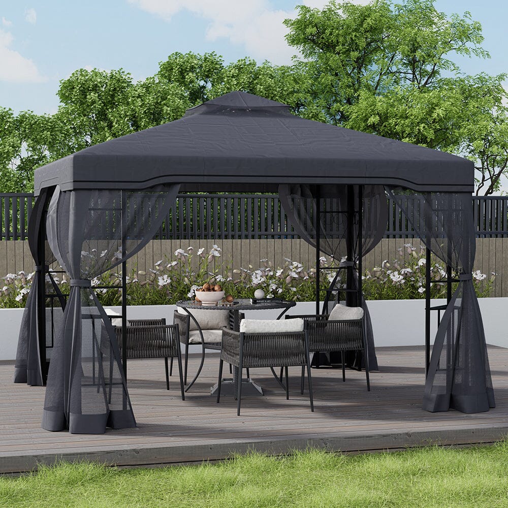 19ft Pergola Premium Iron with Retractable Canopy and Mesh Screens - House Comfort