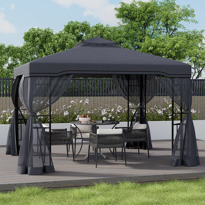 19ft Pergola Premium Iron with Retractable Canopy and Mesh Screens - House Comfort