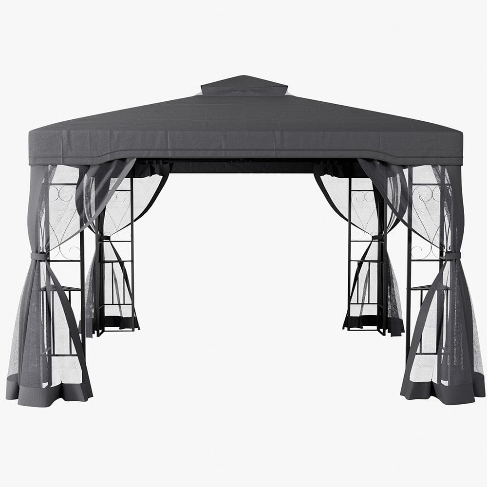 19ft Pergola Premium Iron with Retractable Canopy and Mesh Screens - House Comfort
