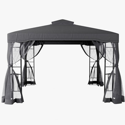 19ft Pergola Premium Iron with Retractable Canopy and Mesh Screens - House Comfort