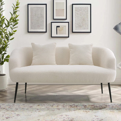 2 Seater Sofa White Teddy Fabric Loveseat with Metal Legs