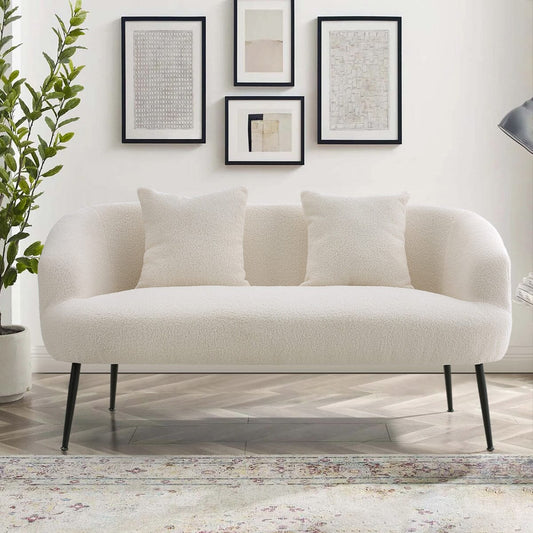 2 Seater Sofa White Teddy Fabric Loveseat with Metal Legs - House Comfort