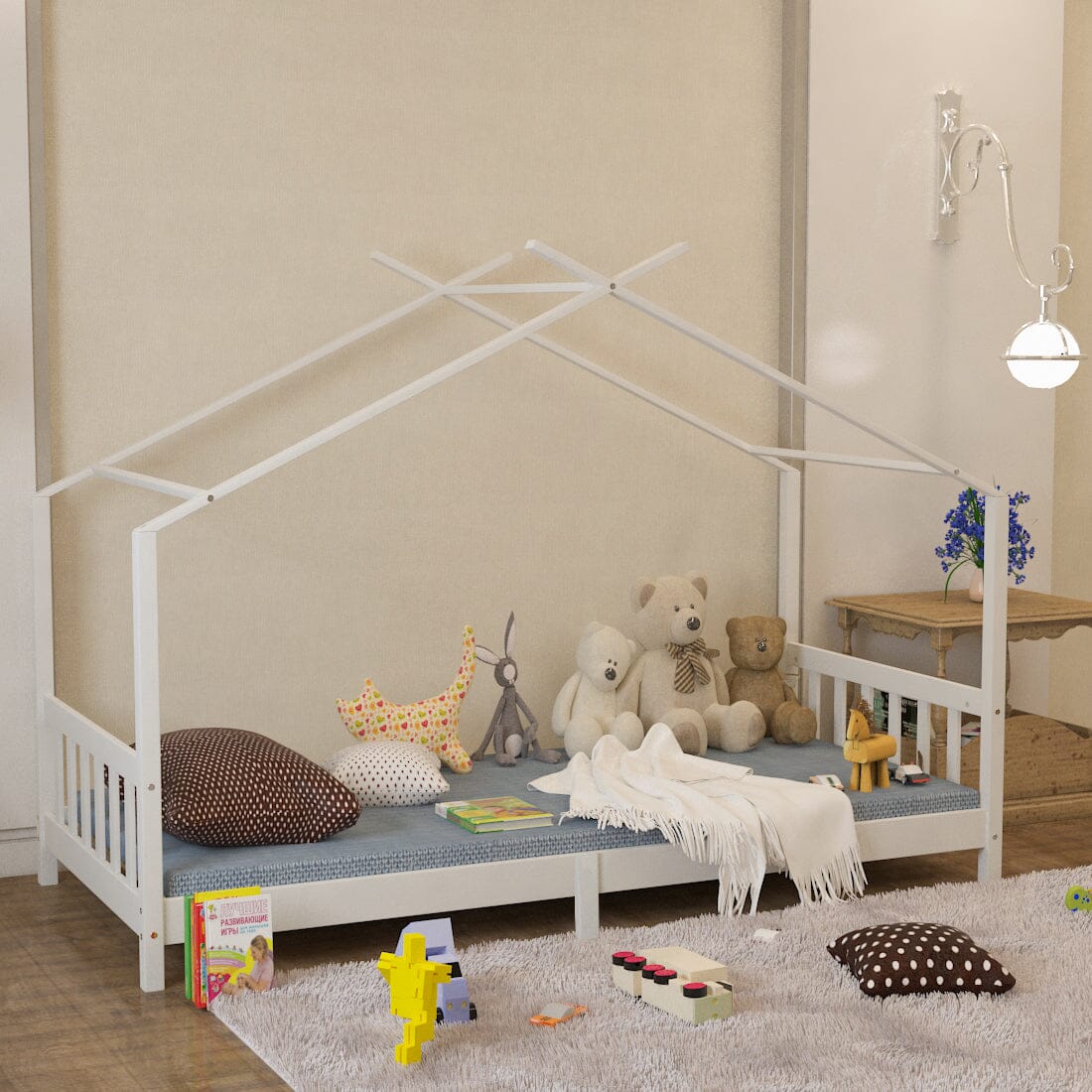 206cm W Nordic Style Pine Wood Bed Frame Toddler Kid Single Bed with Roof - House Comfort