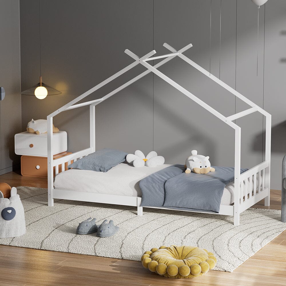 206cm W Nordic Style Pine Wood Bed Frame Toddler Kid Single Bed with Roof - House Comfort