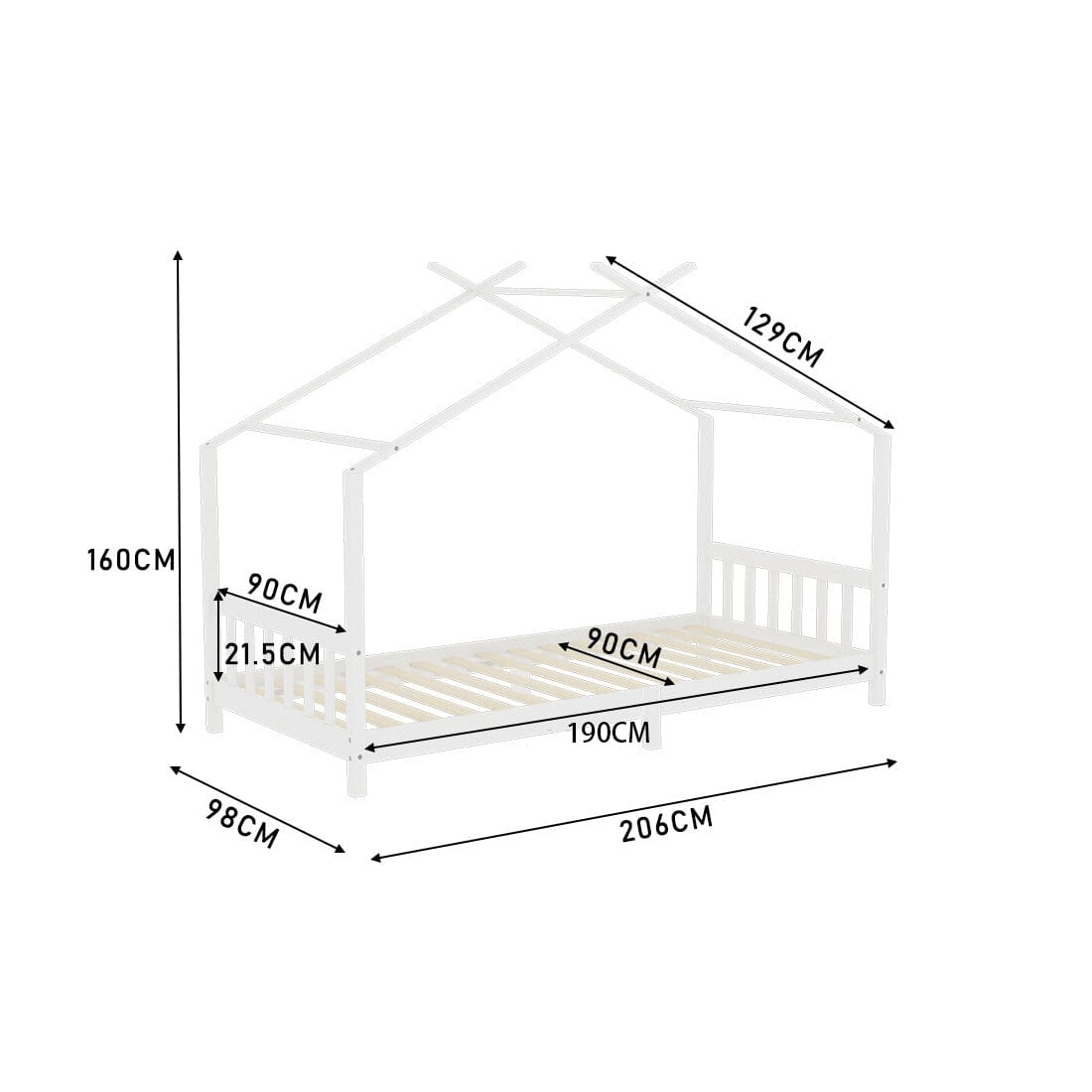 206cm W Nordic Style Pine Wood Bed Frame Toddler Kid Single Bed with Roof - House Comfort