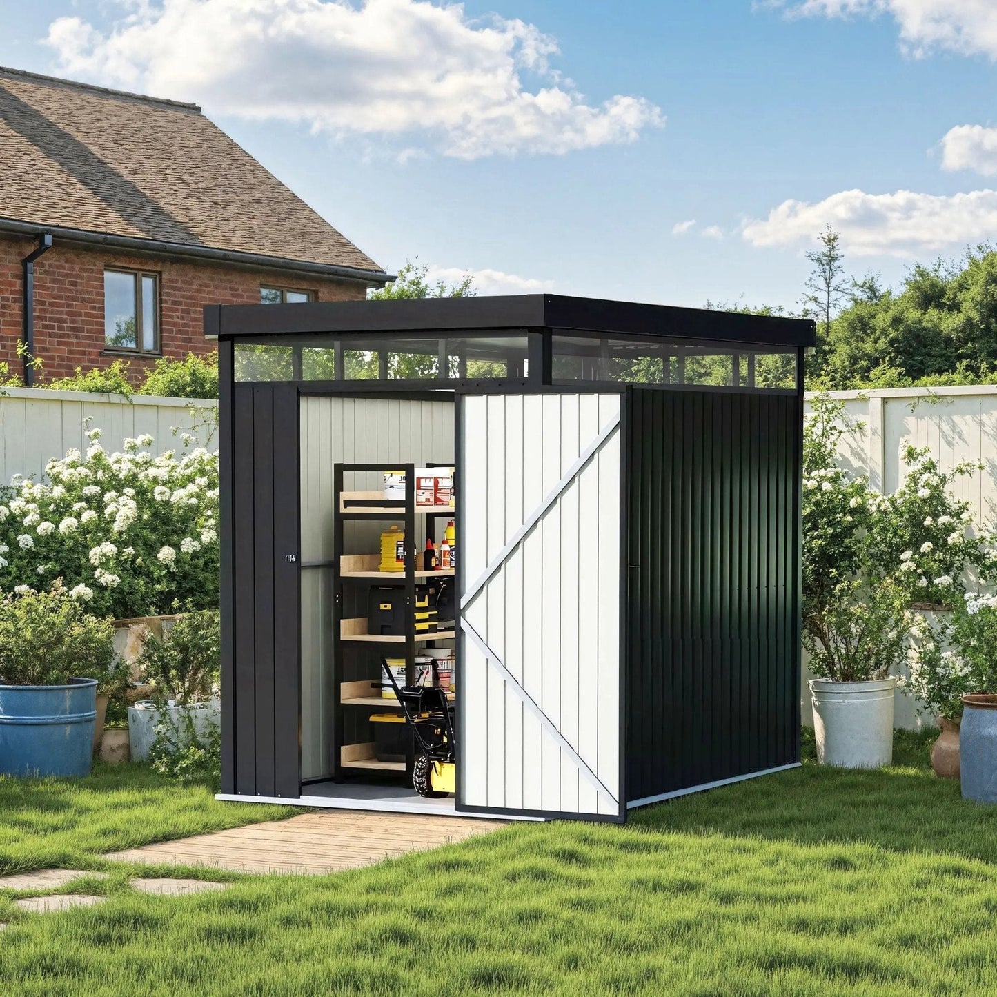 2x2.6x2m/1.6x2.6x2m/2.6x3x2m/4x3x2m Charcoal Black Galvanized Steel Storage Shed with Double/Single Lockable Doors - House Comfort