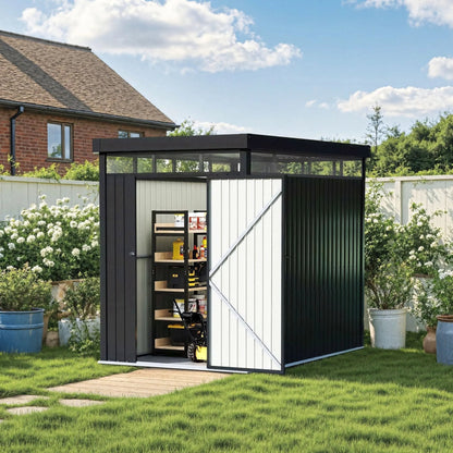 2x2.6x2m/1.6x2.6x2m/2.6x3x2m/4x3x2m Charcoal Black Galvanized Steel Storage Shed with Double/Single Lockable Doors - House Comfort