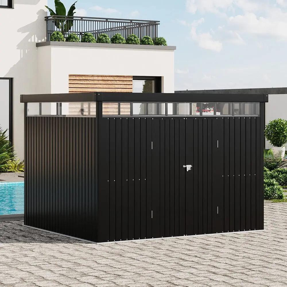 2x2.6x2m/1.6x2.6x2m/2.6x3x2m/4x3x2m Charcoal Black Galvanized Steel Storage Shed with Double/Single Lockable Doors - House Comfort