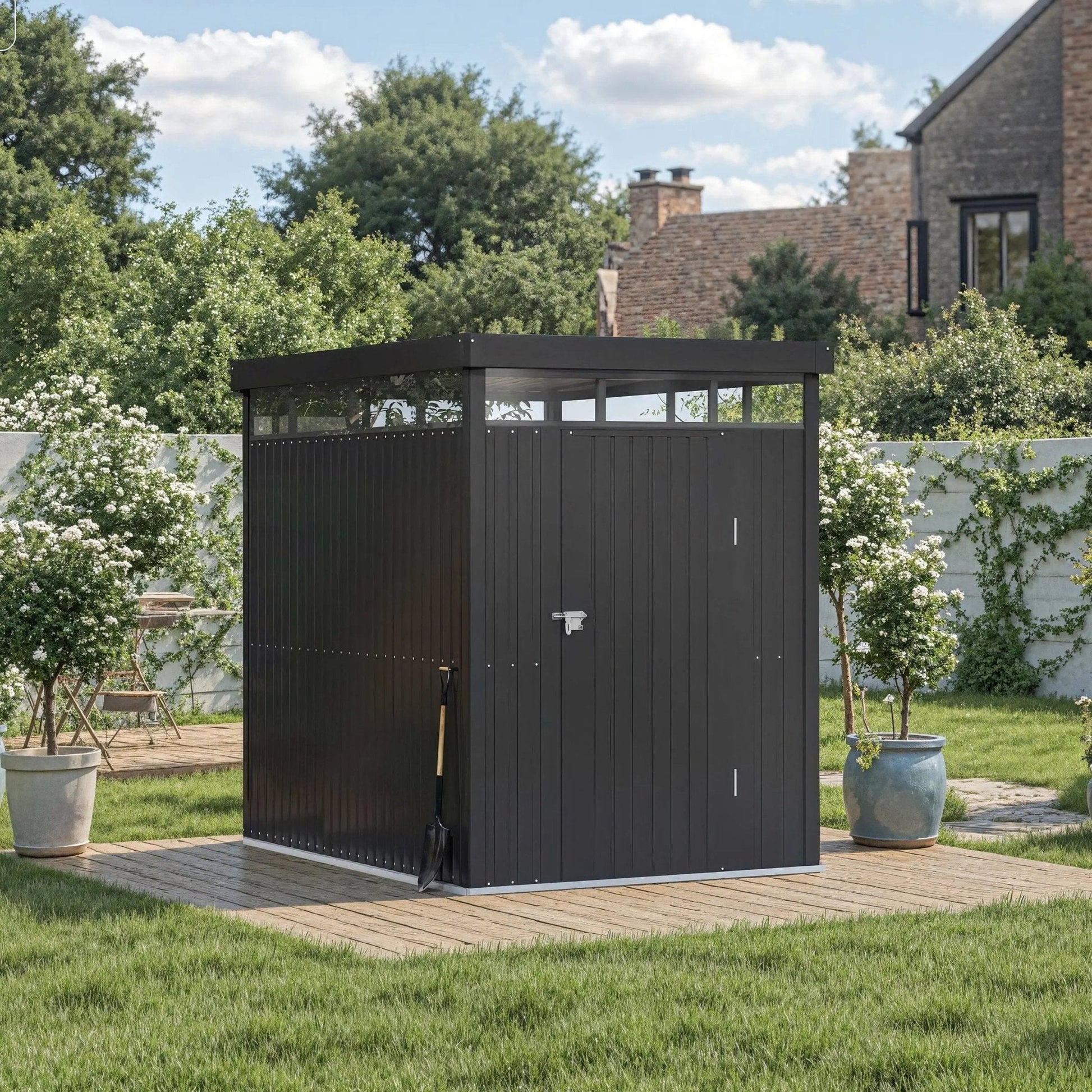 2x2.6x2m/1.6x2.6x2m/2.6x3x2m/4x3x2m Charcoal Black Galvanized Steel Storage Shed with Double/Single Lockable Doors - House Comfort