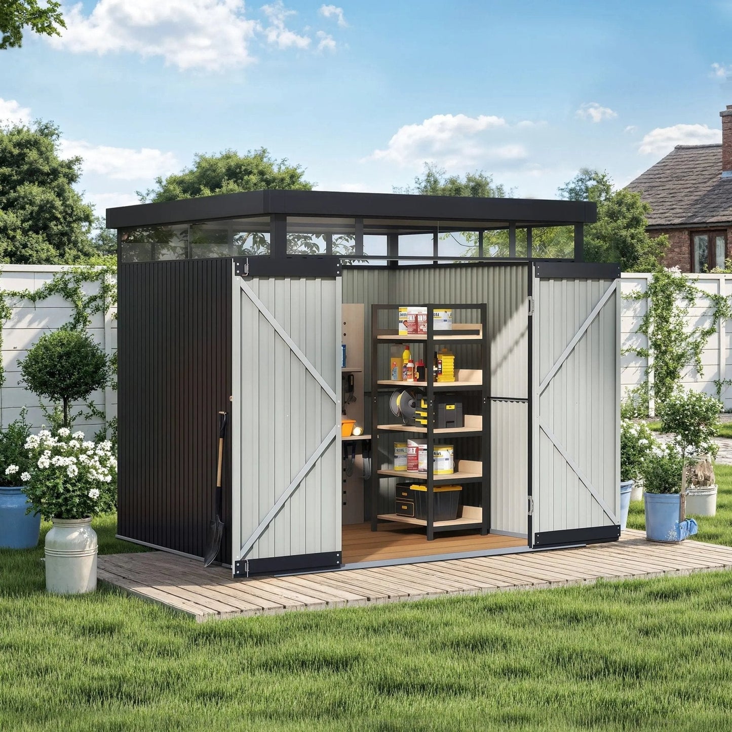 2x2.6x2m/1.6x2.6x2m/2.6x3x2m/4x3x2m Charcoal Black Galvanized Steel Storage Shed with Double/Single Lockable Doors - House Comfort