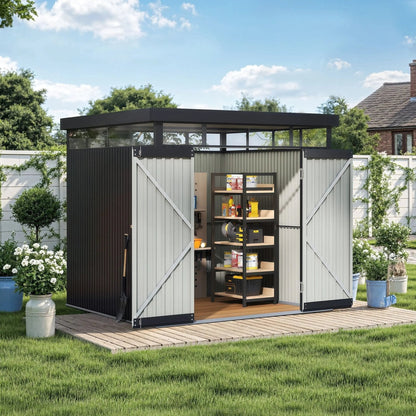 2x2.6x2m/1.6x2.6x2m/2.6x3x2m/4x3x2m Charcoal Black Galvanized Steel Storage Shed with Double/Single Lockable Doors - House Comfort