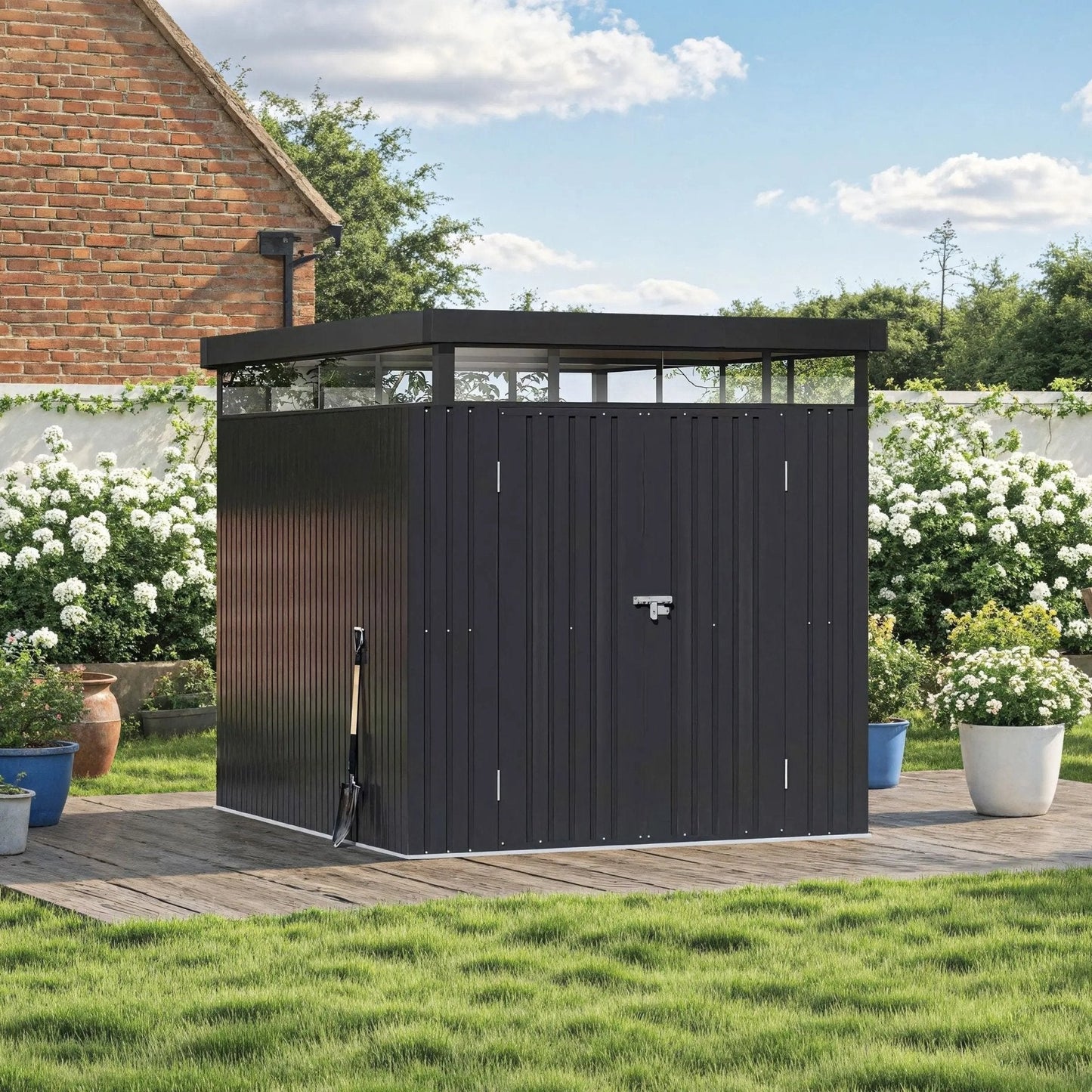 2x2.6x2m/1.6x2.6x2m/2.6x3x2m/4x3x2m Charcoal Black Galvanized Steel Storage Shed with Double/Single Lockable Doors - House Comfort