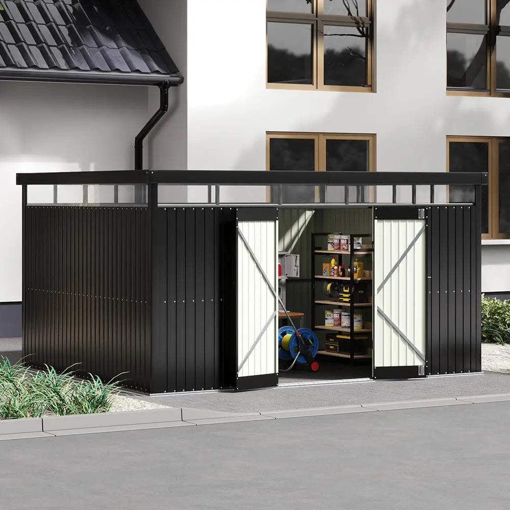 2x2.6x2m/1.6x2.6x2m/2.6x3x2m/4x3x2m Charcoal Black Galvanized Steel Storage Shed with Double/Single Lockable Doors - House Comfort