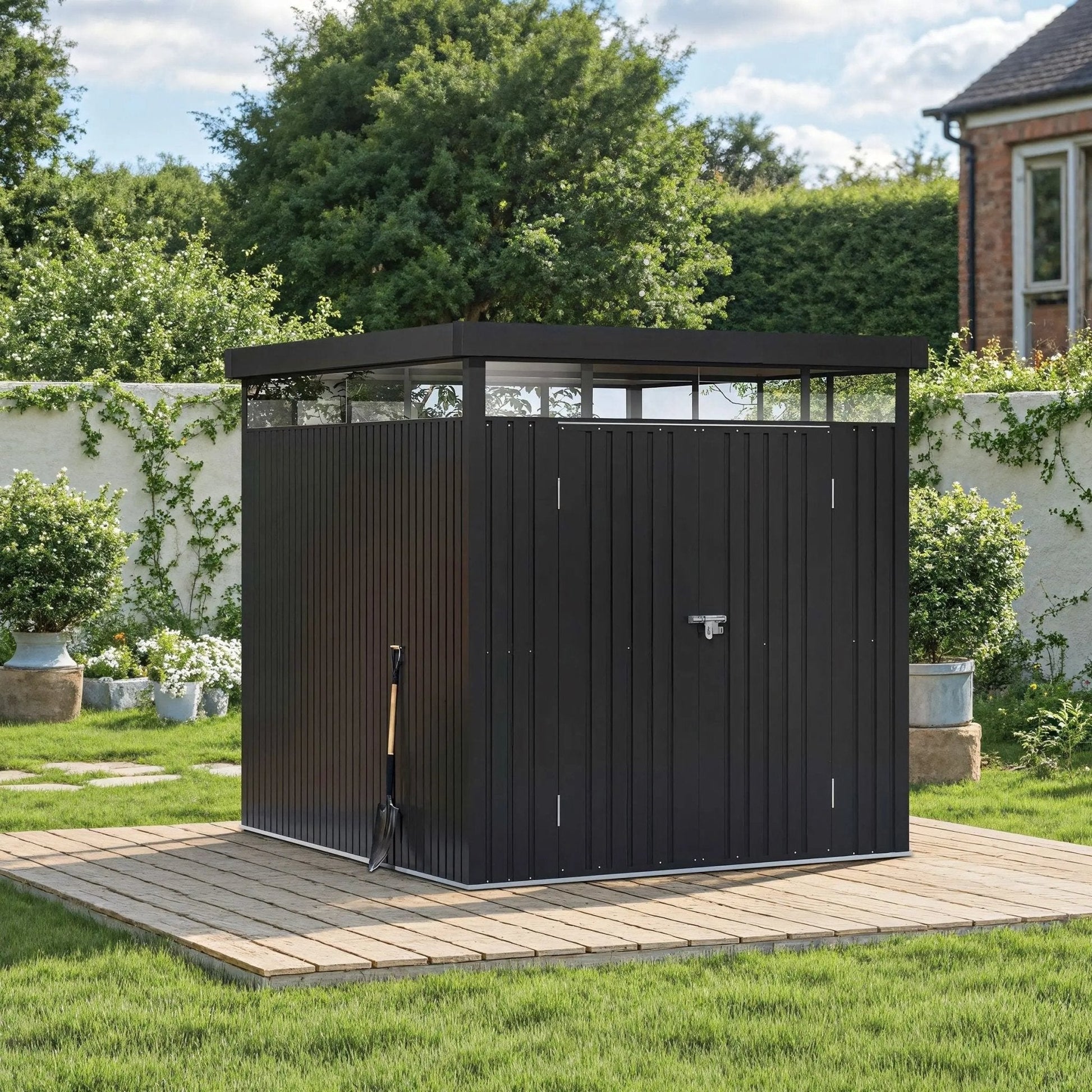 2x2.6x2m/1.6x2.6x2m/2.6x3x2m/4x3x2m Charcoal Black Galvanized Steel Storage Shed with Double/Single Lockable Doors - House Comfort
