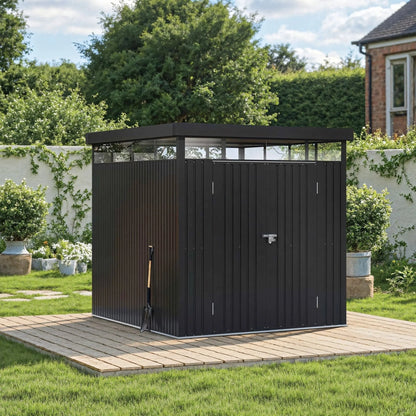 2x2.6x2m/1.6x2.6x2m/2.6x3x2m/4x3x2m Charcoal Black Galvanized Steel Storage Shed with Double/Single Lockable Doors - House Comfort