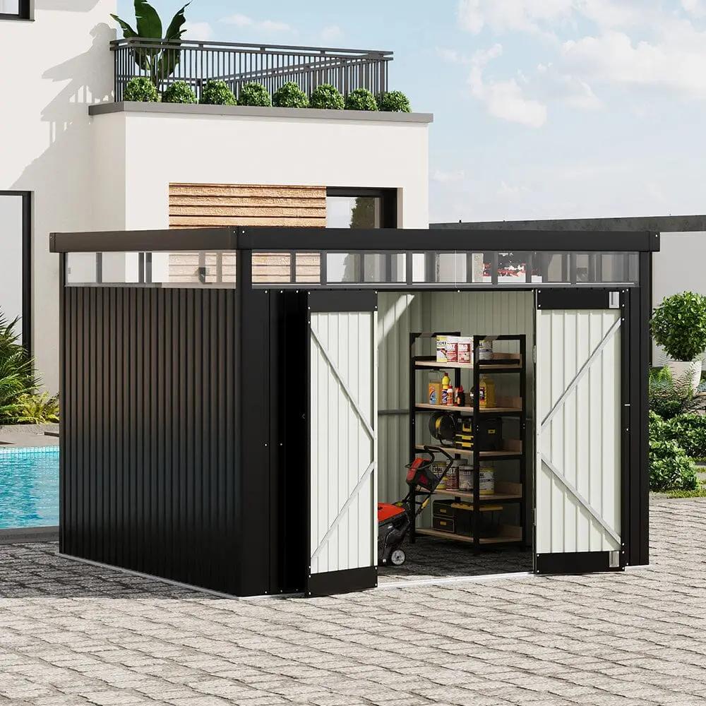2x2.6x2m/1.6x2.6x2m/2.6x3x2m/4x3x2m Charcoal Black Galvanized Steel Storage Shed with Double/Single Lockable Doors - House Comfort