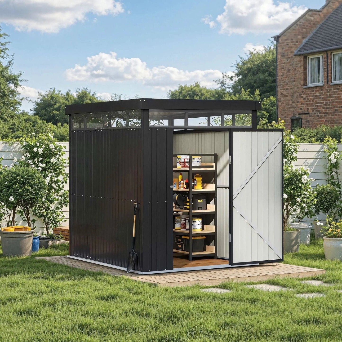 2x2.6x2m/1.6x2.6x2m/2.6x3x2m/4x3x2m Charcoal Black Galvanized Steel Storage Shed with Double/Single Lockable Doors - House Comfort