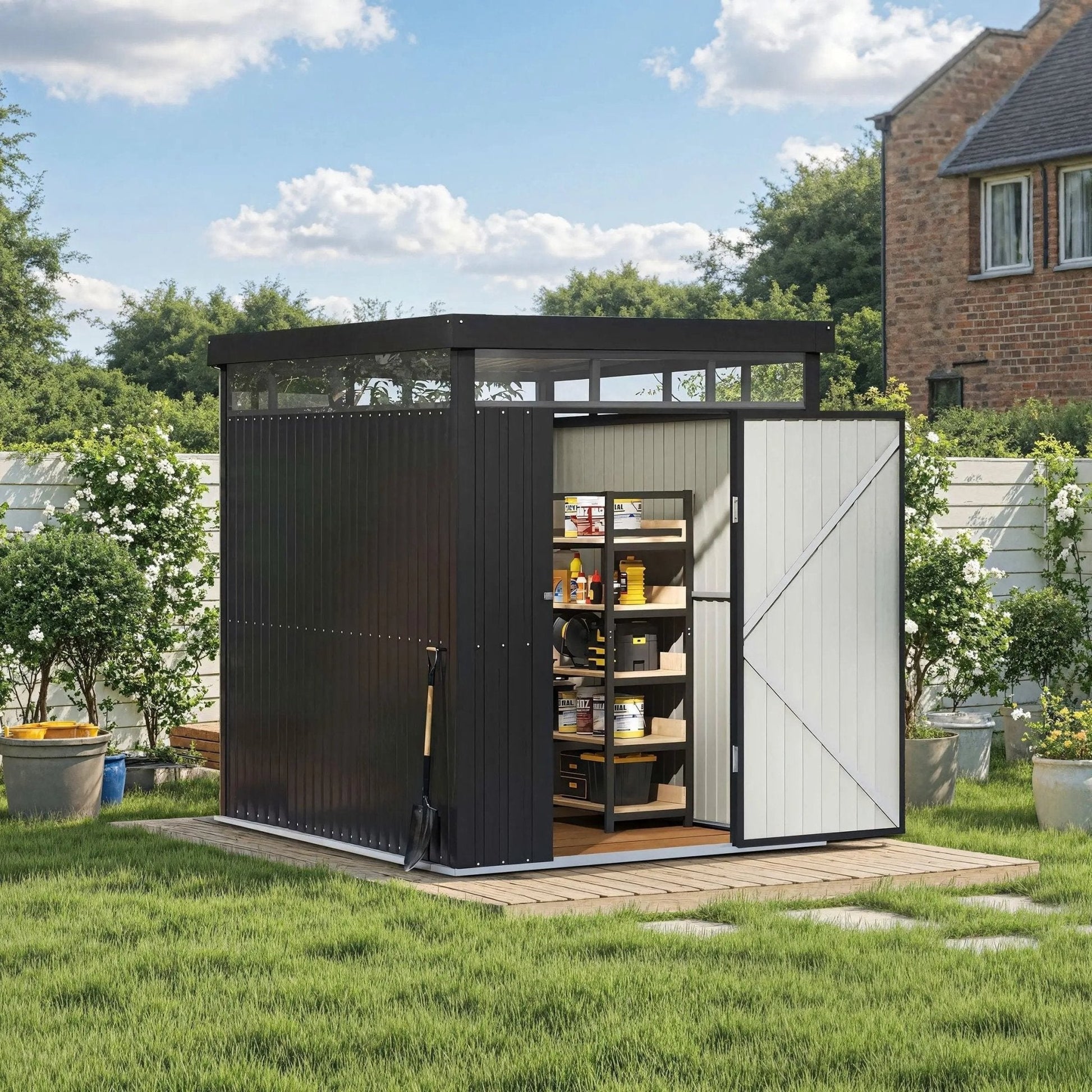 2x2.6x2m/1.6x2.6x2m/2.6x3x2m/4x3x2m Charcoal Black Galvanized Steel Storage Shed with Double/Single Lockable Doors - House Comfort