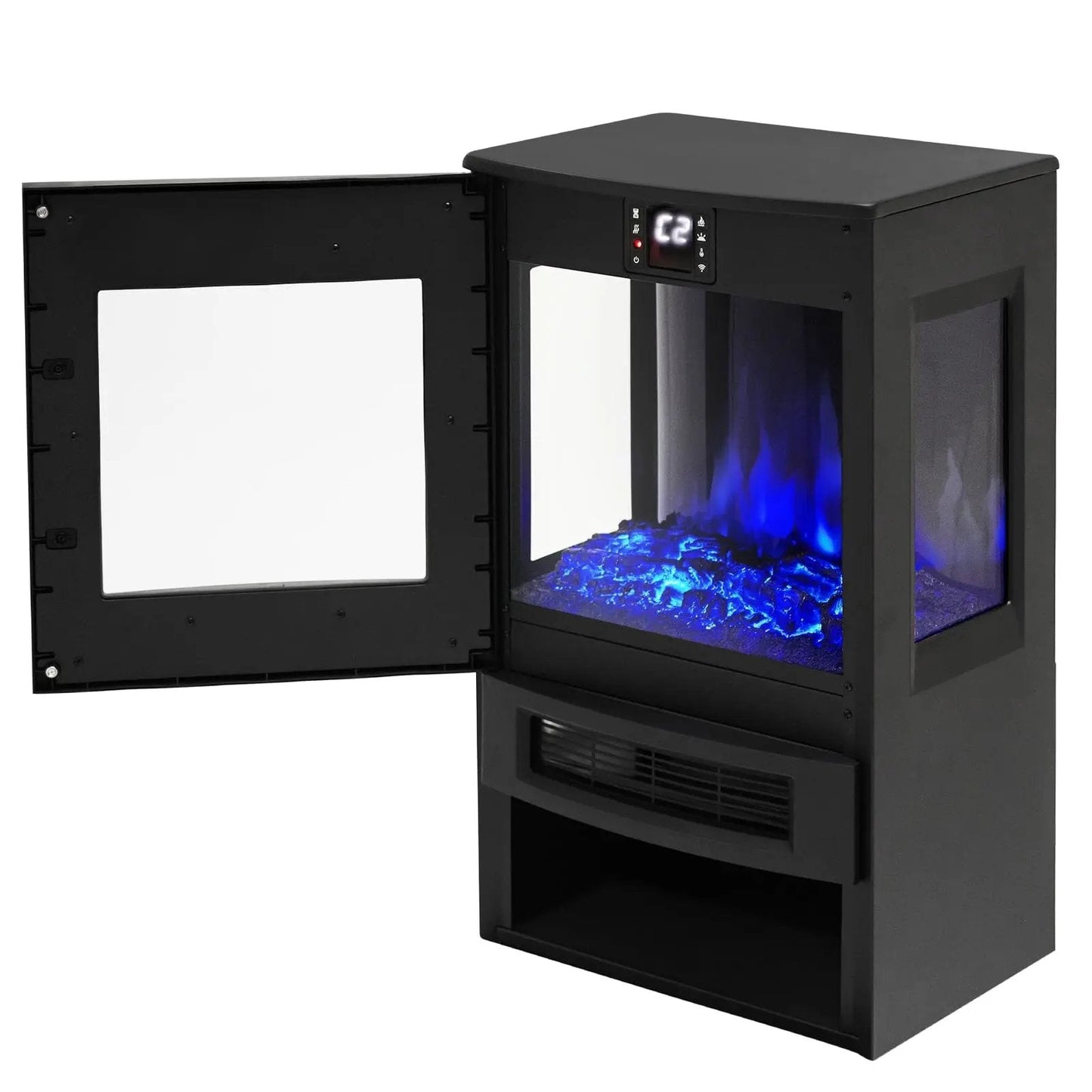 3 - Sided Freestanding Electric Fireplace with Remote Control – Black, 900/1800W, Adjustable LED Flame & Temperature - House Comfort