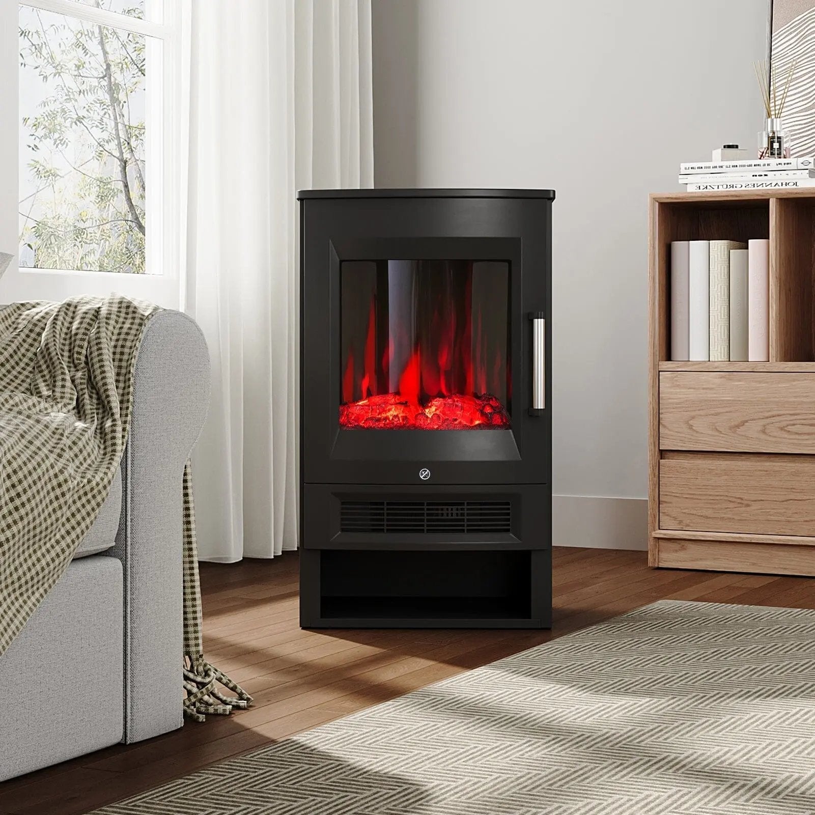 3 - Sided Freestanding Electric Fireplace with Remote Control – Black, 900/1800W, Adjustable LED Flame & Temperature - House Comfort