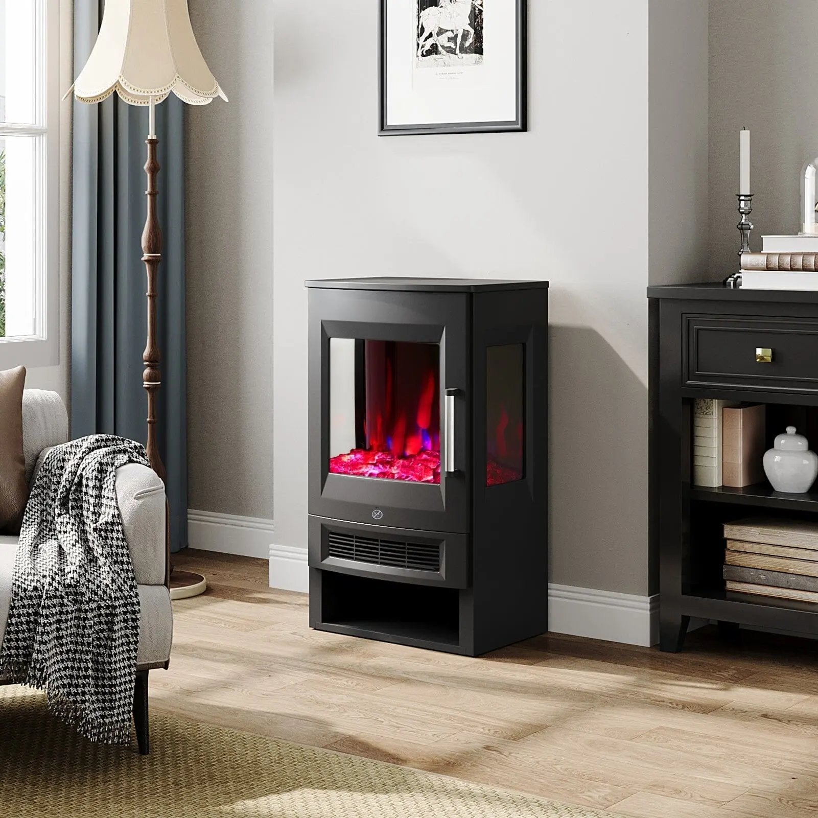 3 - Sided Freestanding Electric Fireplace with Remote Control – Black, 900/1800W, Adjustable LED Flame & Temperature - House Comfort