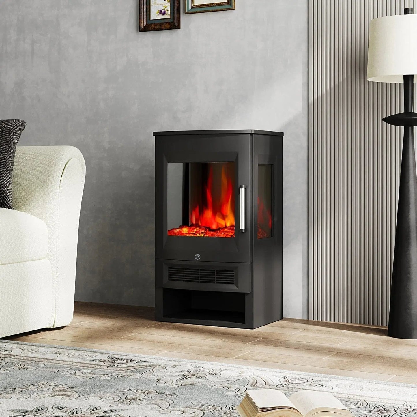 3 - Sided Freestanding Electric Fireplace with Remote Control – Black, 900/1800W, Adjustable LED Flame & Temperature - House Comfort