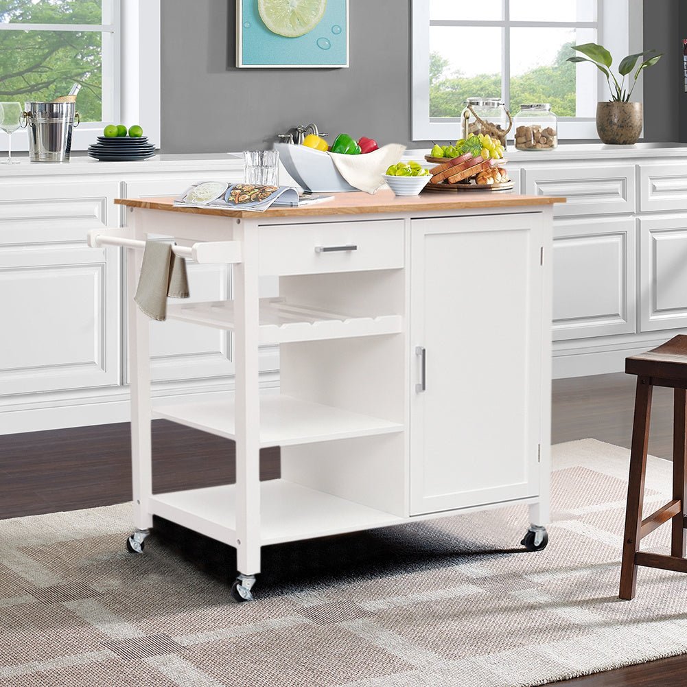 3.3ft Long White Natural Wood Trolley Sideboard Cabinet Kitchen Island Dining Serving Cart - House Comfort