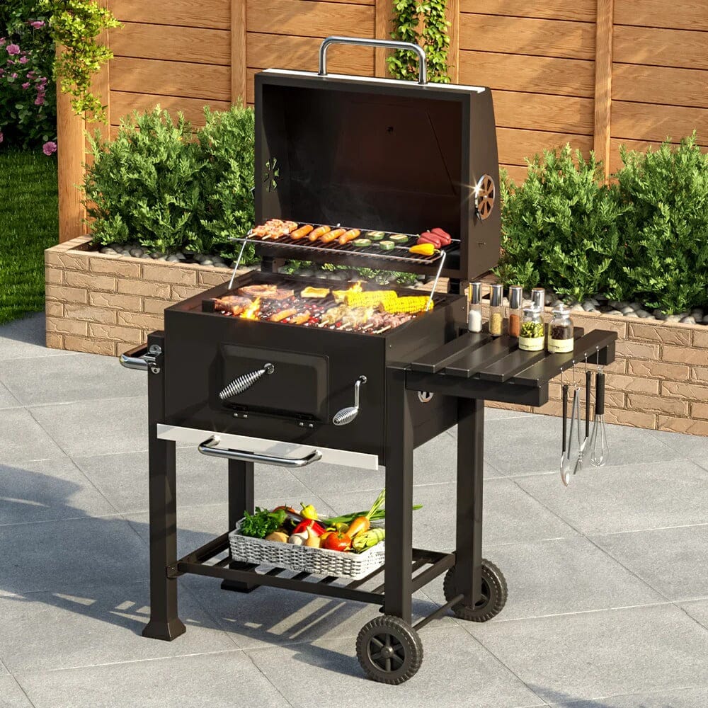 3ft Outdoor Carbon Steel BBQ Cooker BBQ Grill Side Shelves - House Comfort